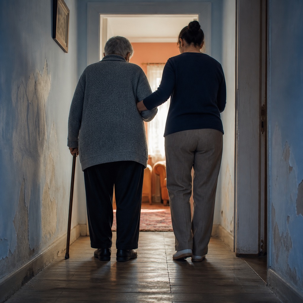 Starija osoba sa štapom i odrasla osoba koja joj pruža oslonac dok zajedno prolaze kroz kućni hodnik.
