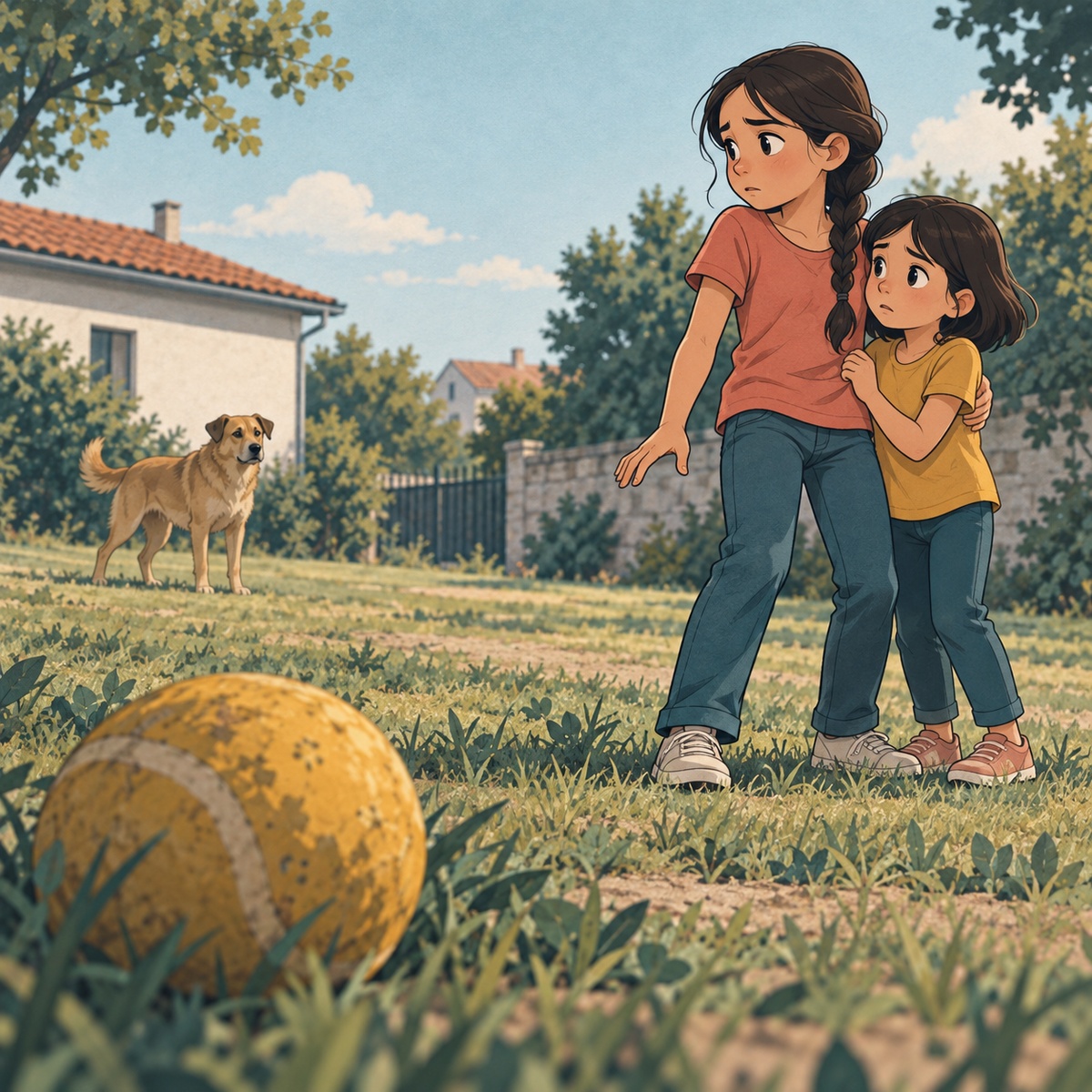 Originalna ilustracija dve sestre u dvorištu, na udaljenosti od psa; ne prikazuje stvarne učesnike sudskog postupka.