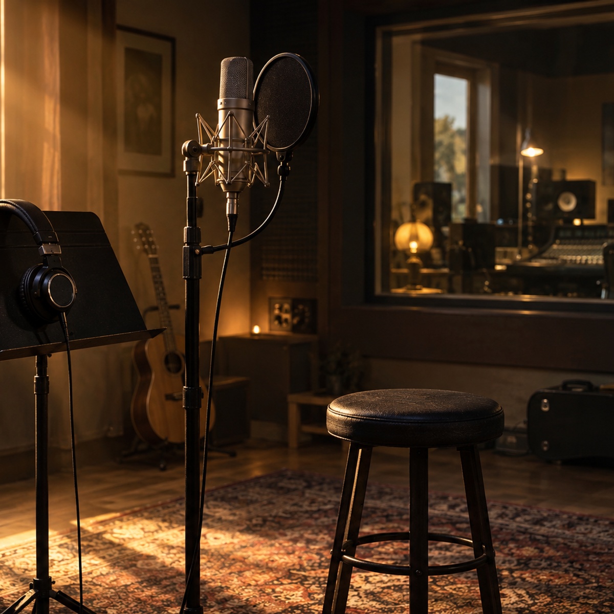 Ilustracija neispunjene muzičke nagrade: prazan studio, mikrofon i stolica za izvođača.