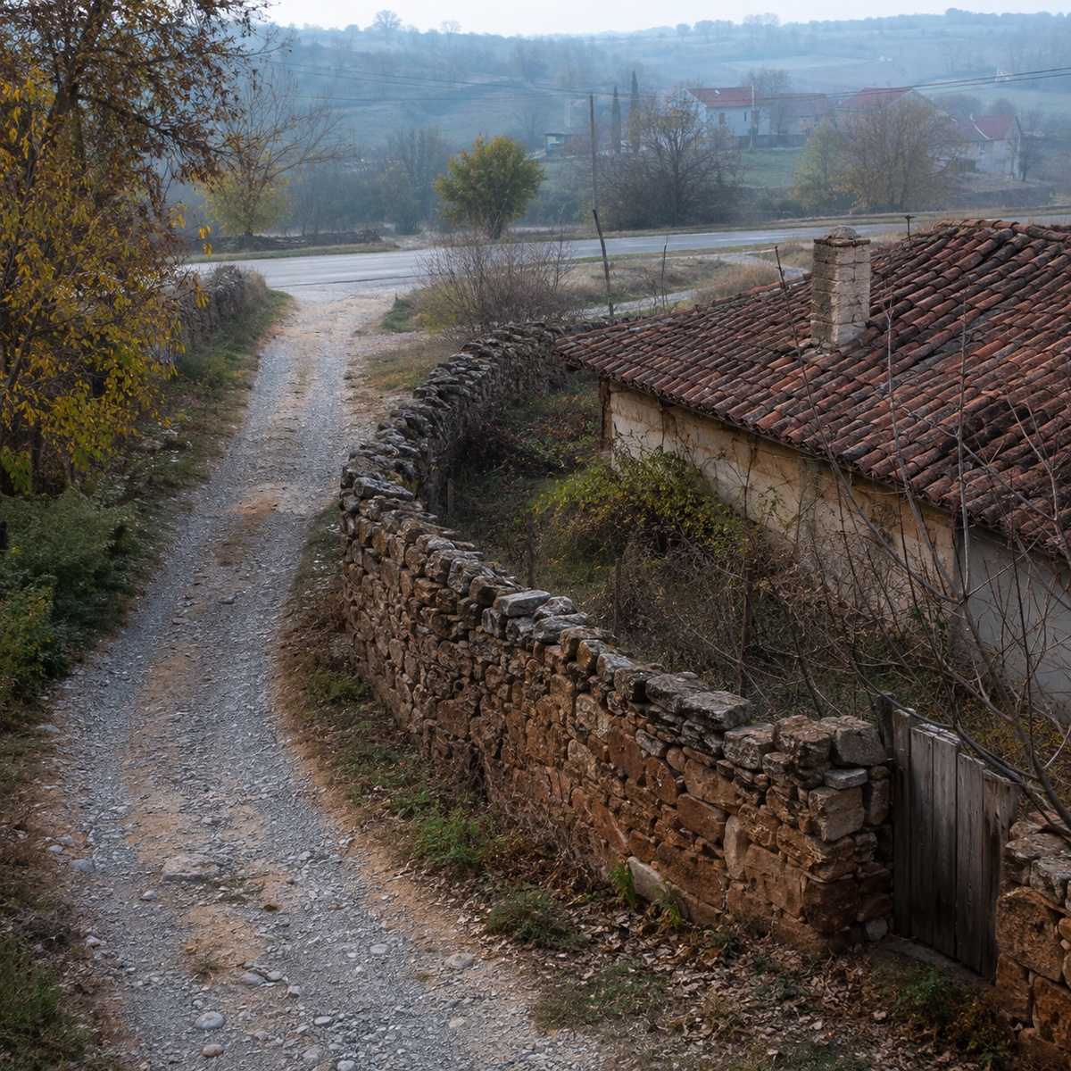 Uski šljunkoviti prilaz koji obilazi kameni zid uz kuću i vodi prema javnom putu.