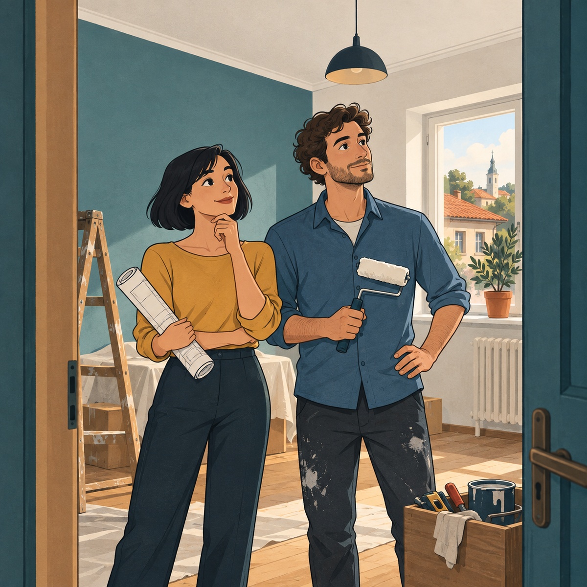 Crtana ilustracija supružnika sa planom i alatom u obnovljenoj sobi; likovi ne prikazuju stvarne učesnike postupka.